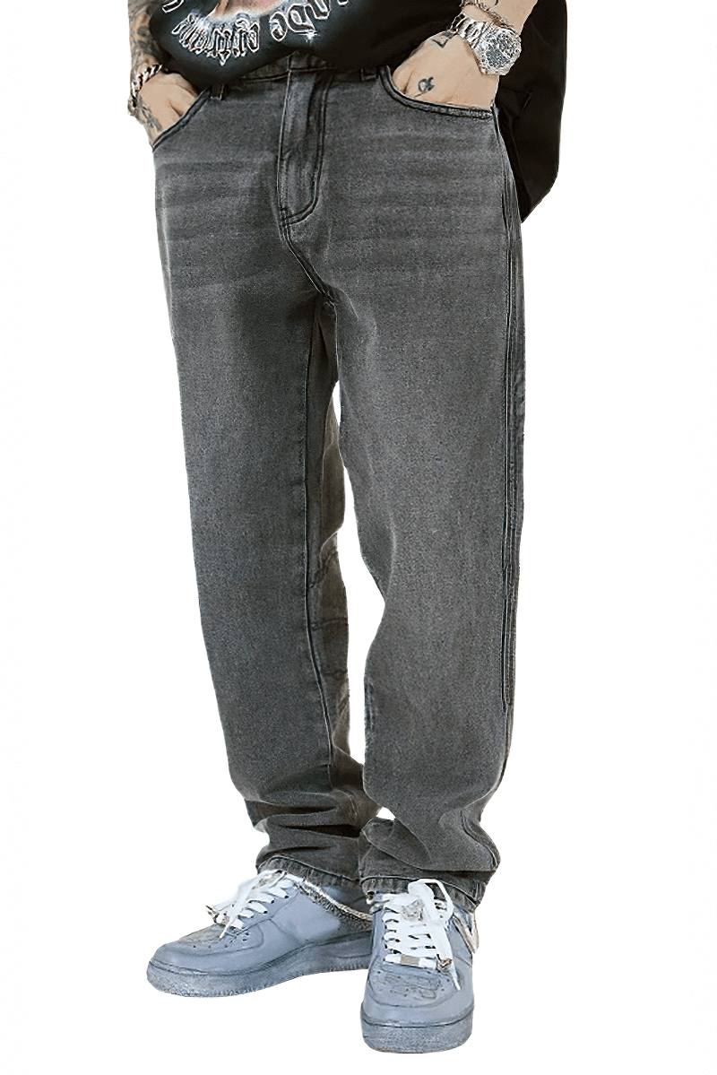 Punk style men's jeans with bone print, retro baggy denim trousers, comfortable fit, available in two colors.