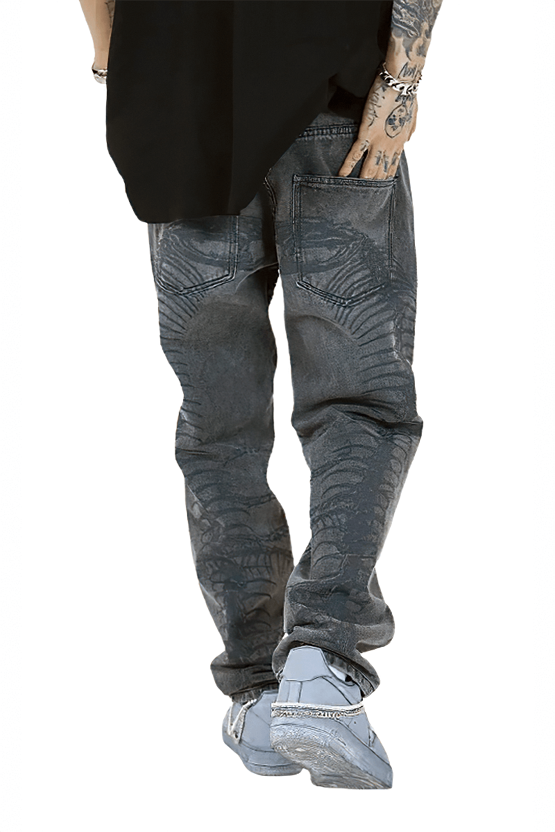 Punk style men's jeans with skeleton print, retro baggy denim trousers, EU sale.