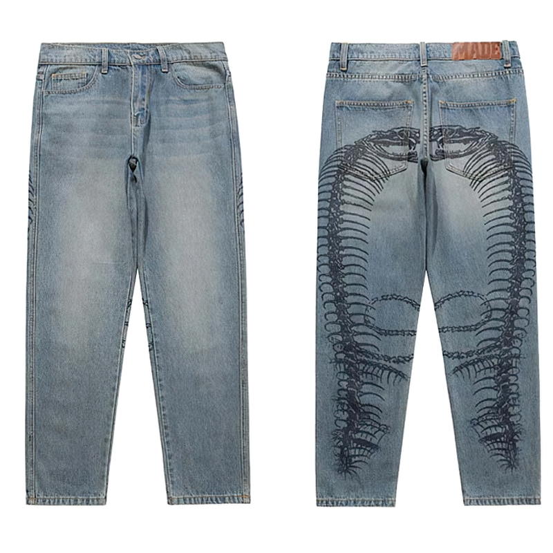 Punk style men's jeans with skeleton print, retro baggy denim trousers front and back view, EU sale.