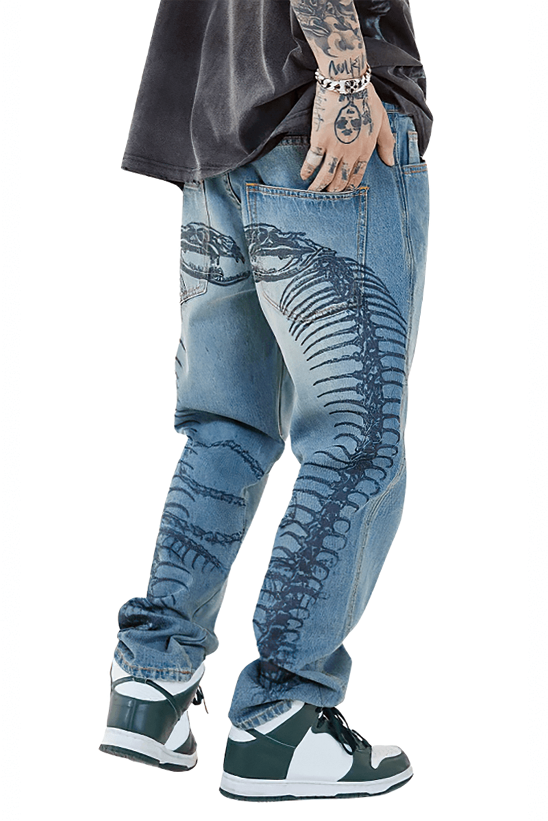 Punk style men's jeans with skeleton print, retro denim baggy trousers, EU sale, comfortable fit, creative bone design.