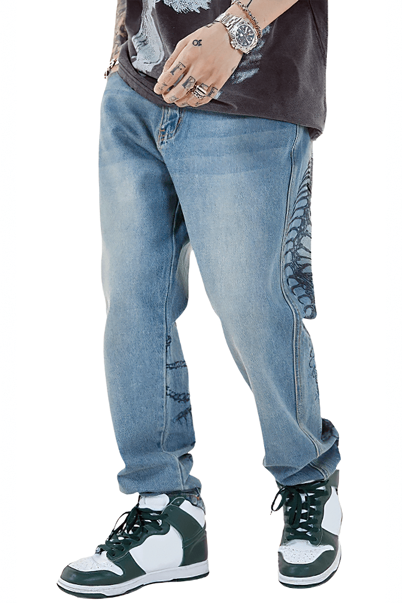 Punk style men's jeans with skeleton print, EU sale, retro denim baggy trousers, showcasing comfortable and creative design.