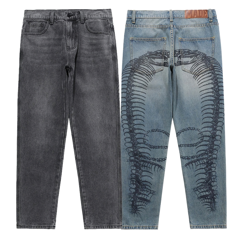 Punk style men's jeans with skeleton print and baggy fit in two colors, EU sale, retro denim trousers.