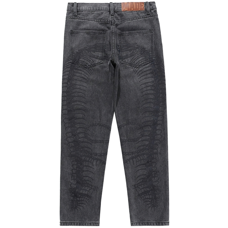 Punk style men's jeans with skeleton print design, retro denim, baggy fit, back view, dark gray color.