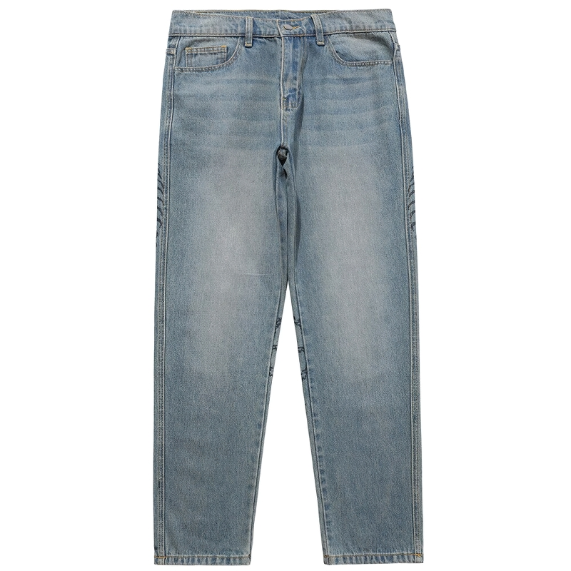 Punk style men's jeans with bone print and baggy fit in light denim color.