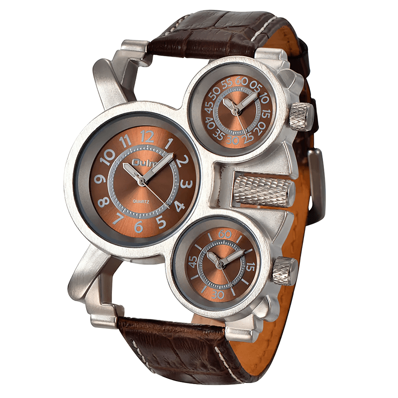 Punk style men's quartz watch featuring three time zones and retro design with brown strap and silver accents.
