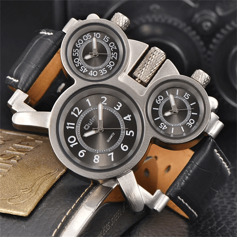 Punk style men's quartz wristwatch featuring three time zones and a unique retro design, perfect for edgy fashion.