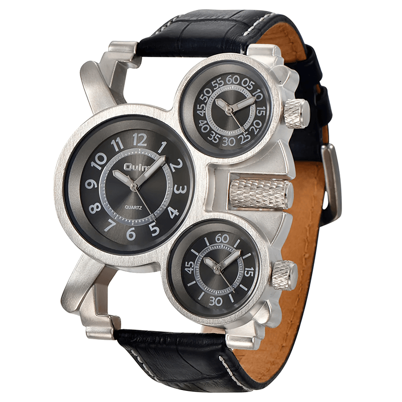Punk Style Men's Quartz Watches with Three Time Zone / Retro Unique Male Wristwatch