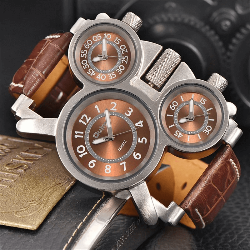 Punk style men's quartz watch with three time zones and distinctive retro design on leather strap.