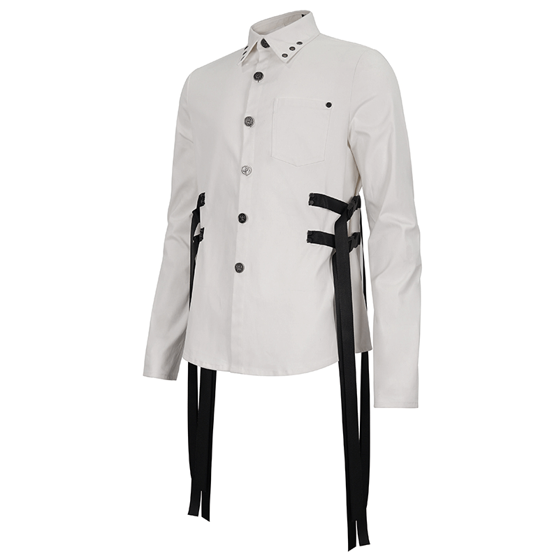 Punk style men's white long sleeve shirt with nylon straps and buckles for a trendy, stylish look.