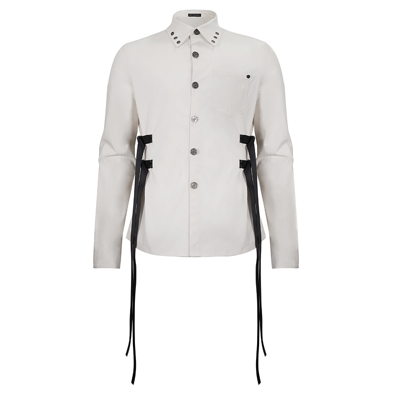 Men's white long sleeve punk style shirt with nylon straps and buckles for a trendy look.