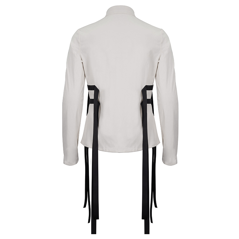 Men's white long sleeve punk style shirt with stylish black nylon straps and buckles at the back.
