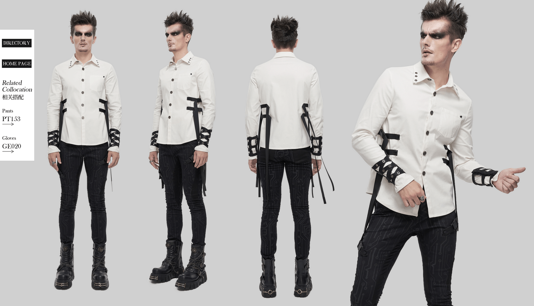 Model showcasing a punk style men's white long sleeve shirt with nylon straps and buckles, emphasizing modern fashion.
