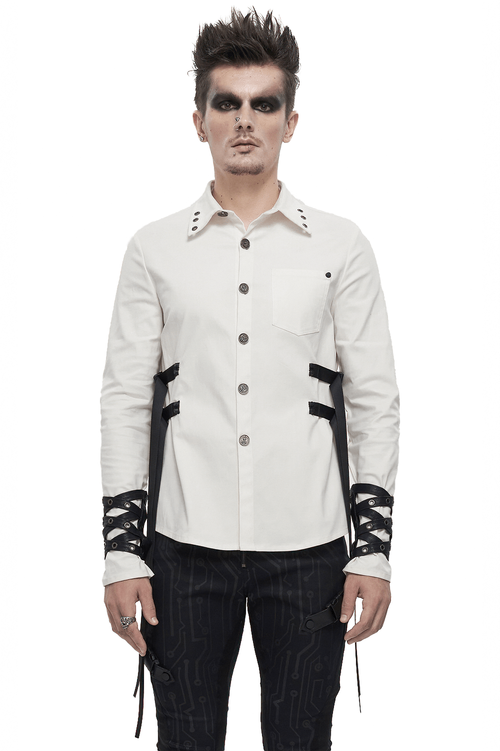 Punk style men's white long sleeve shirt with nylon straps and buckles, showcasing a modern cut and unique design details.