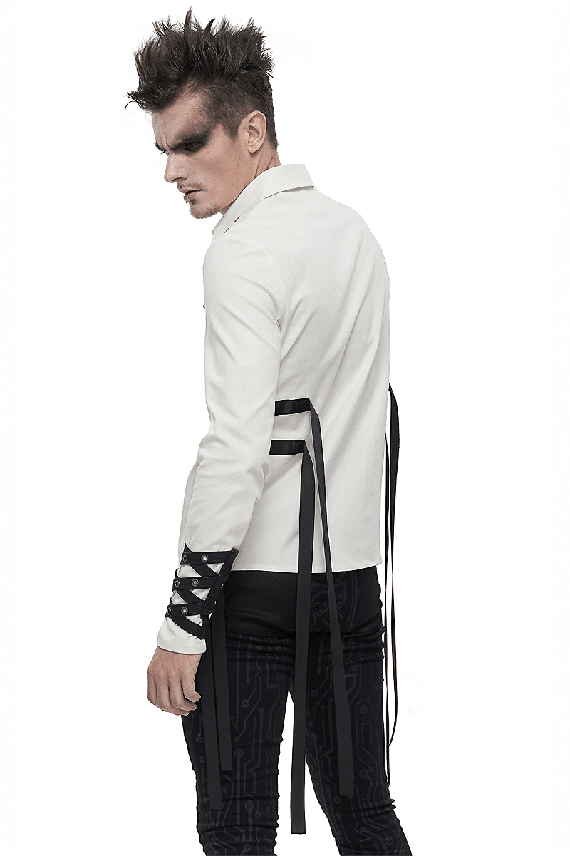 Punk Style Men's White Long Sleeve Shirt / Stylish Shirts with Nylon Straps & Buckles on Both Sides - HARD'N'HEAVY