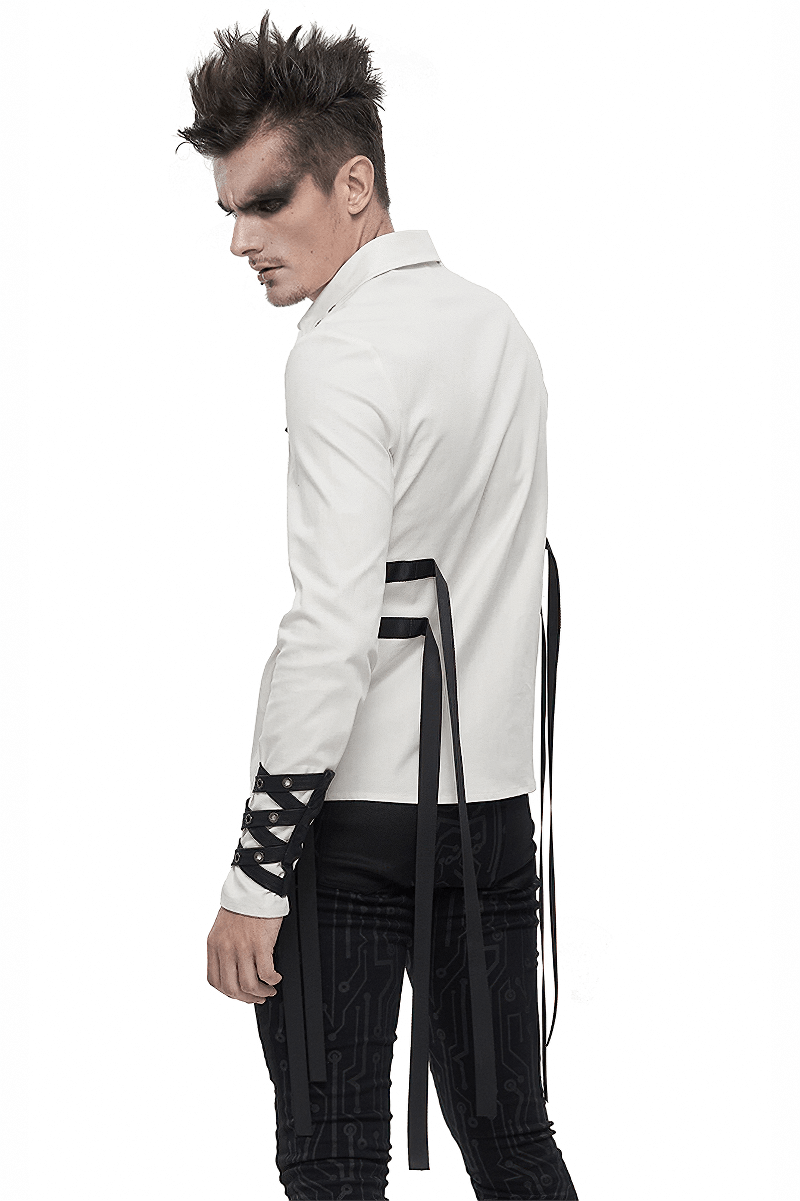Stylish men's punk white long sleeve shirt with nylon straps and buckles featured on a model from the back.