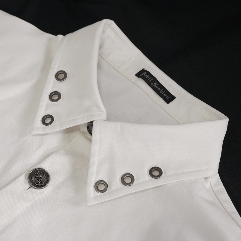 Close-up of a punk style men's white shirt collar with decorative metal buttons and eyelets.