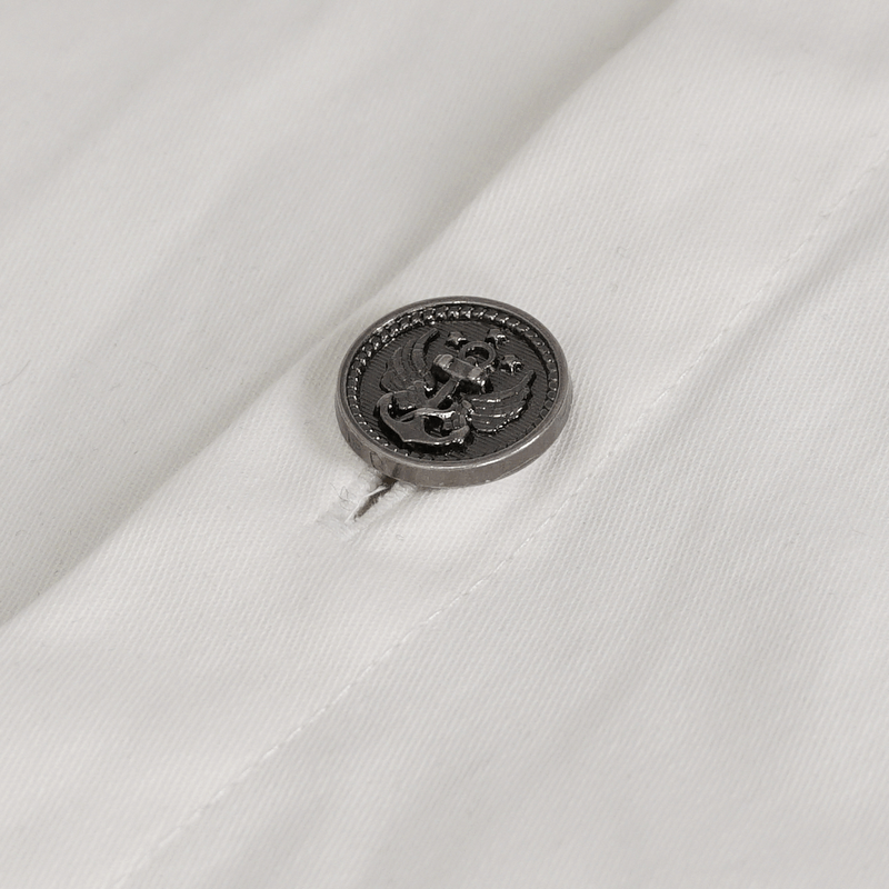 Close-up of a stylish silver button on a punk style white shirt, adding a bold detail to the design.