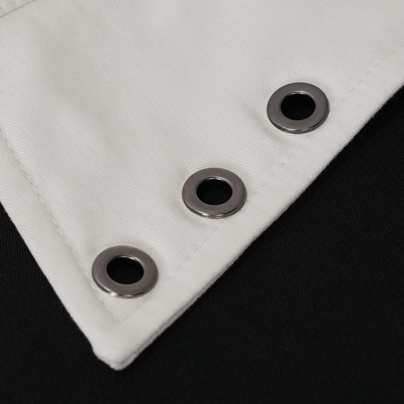 Close-up of punk style white shirt collar with metal grommets, showcasing edgy design details.