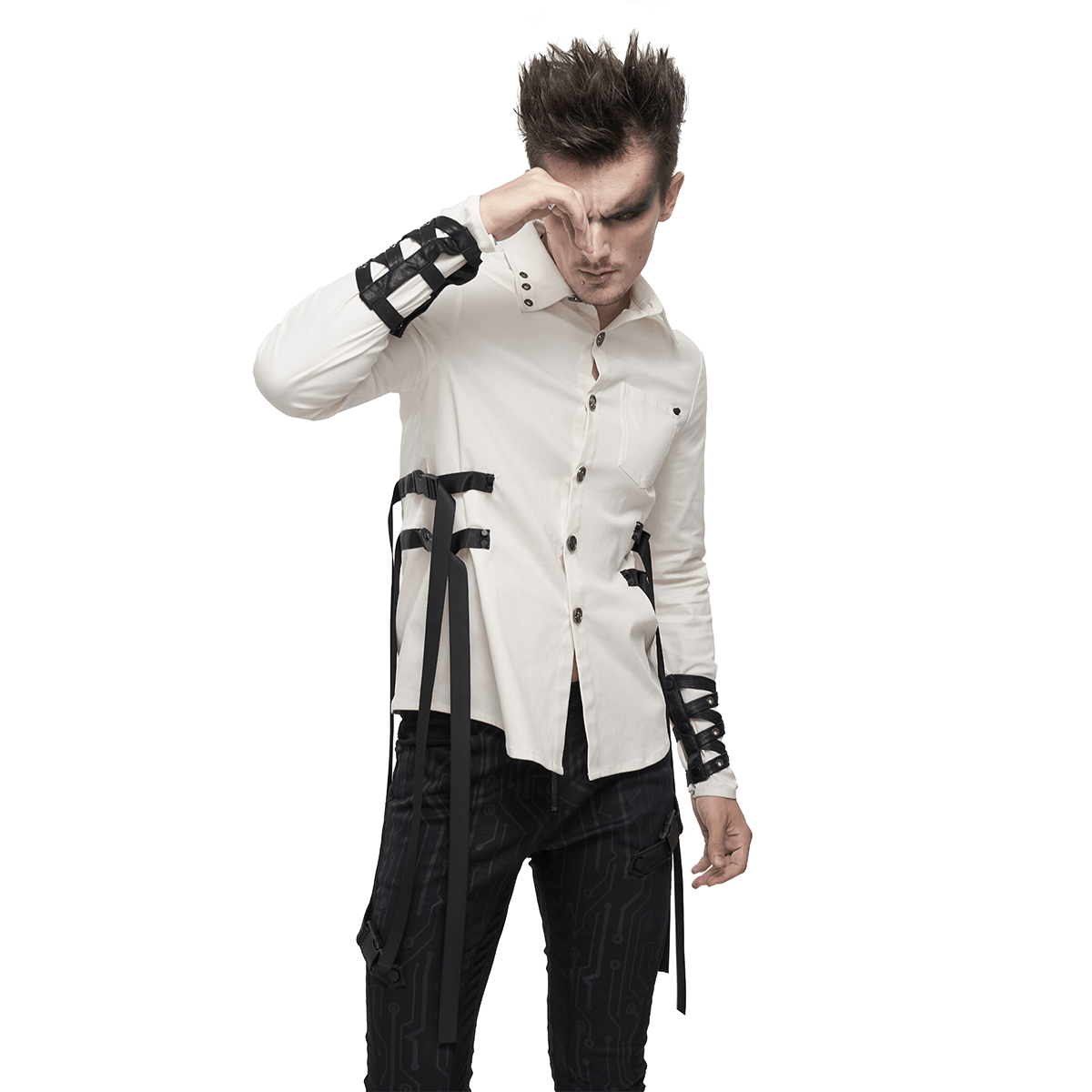 Fashion model wearing a punk style men's white long sleeve shirt with nylon straps and buckles.