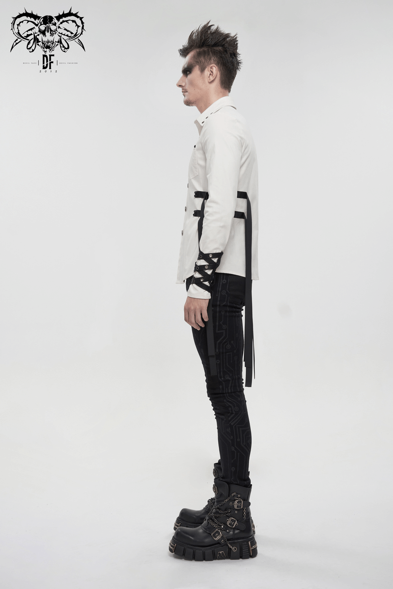 Stylish men's white long sleeve punk shirt with nylon straps, model showcasing a bold modern look.