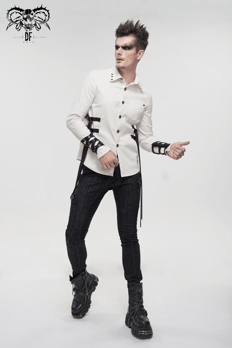 Stylish men's punk white long sleeve shirt with nylon straps and buckles, paired with edgy black pants.