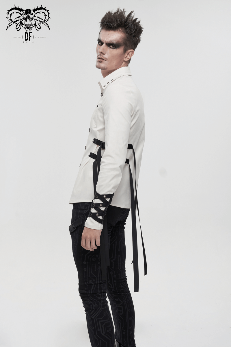 Stylish punk men's white long sleeve shirt with nylon straps and buckles, worn by a model in a modern fashion pose.
