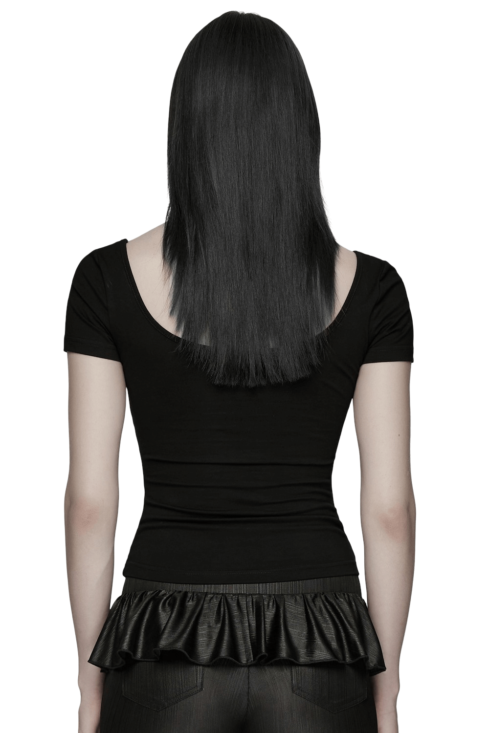 Punk Style Mesh Lace Cutout Short Sleeve T-shirt shown from the back, featuring a layered ruffled design.