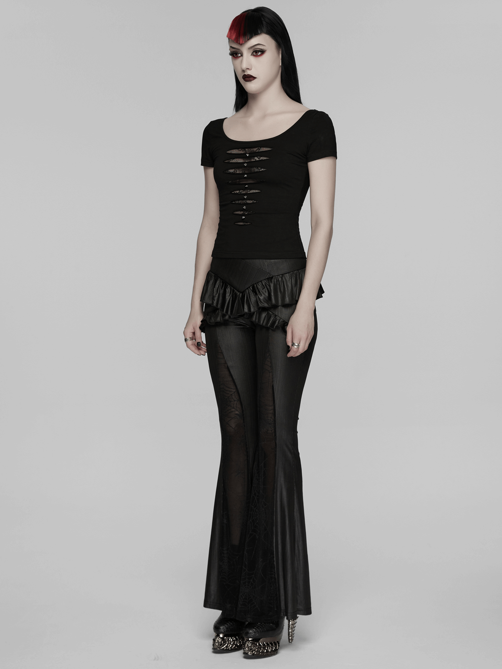 Punk Style Mesh Lace Cutout Short Sleeve T-shirt worn with edgy black flared pants, showcasing a trendy punk look.