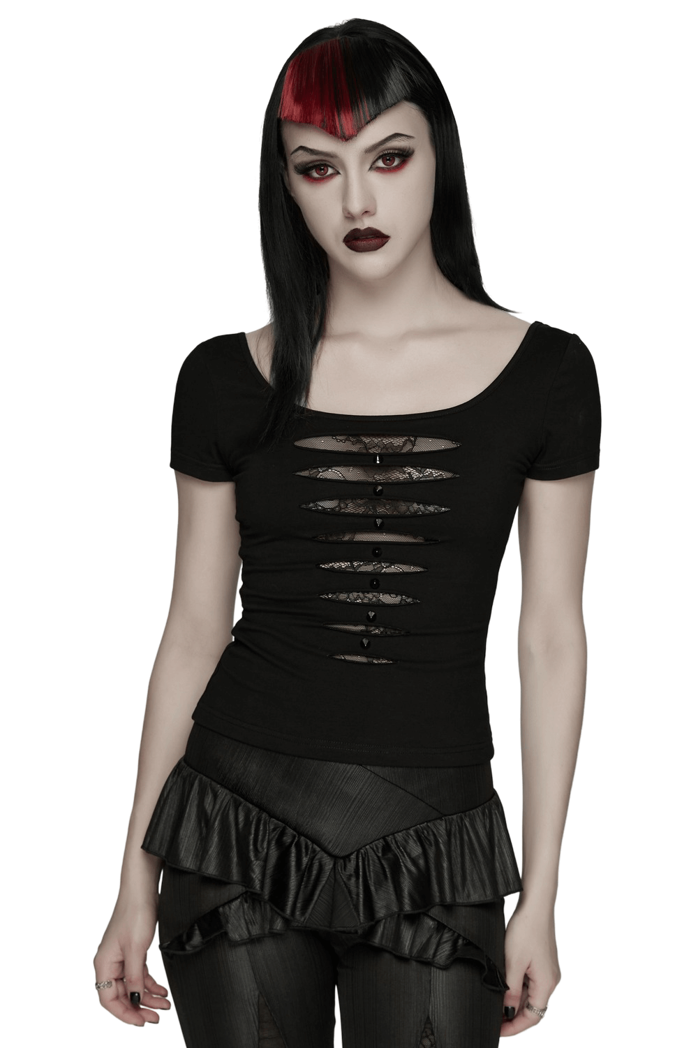 Punk Style Mesh Lace Cutout Short Sleeve T-shirt worn by model showcasing edgy fashion with tattered holes and lace.