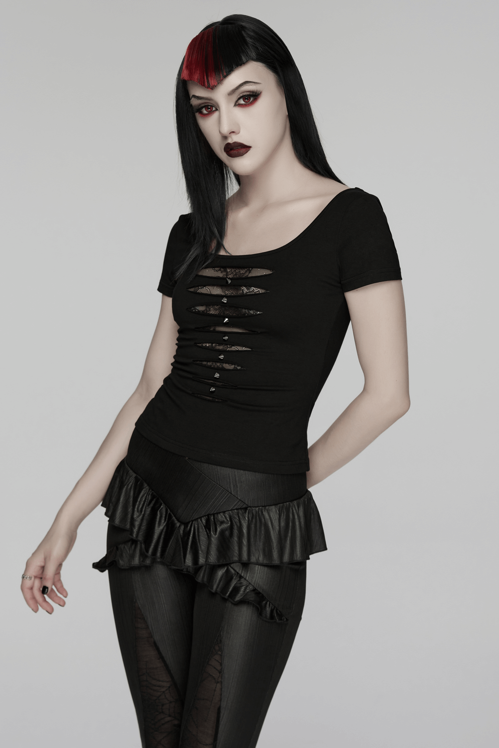 Punk Style Mesh Lace Cutout Short Sleeve T-shirt worn by model with edgy makeup and stylish outfit.