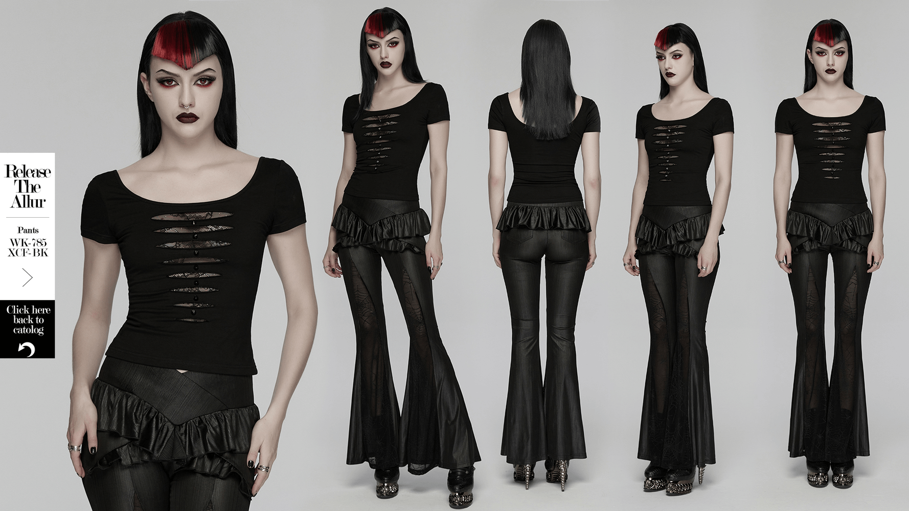 Punk Style Mesh Lace Cutout Short Sleeve T-shirt worn with stylish flared pants, showcasing edgy punk fashion.