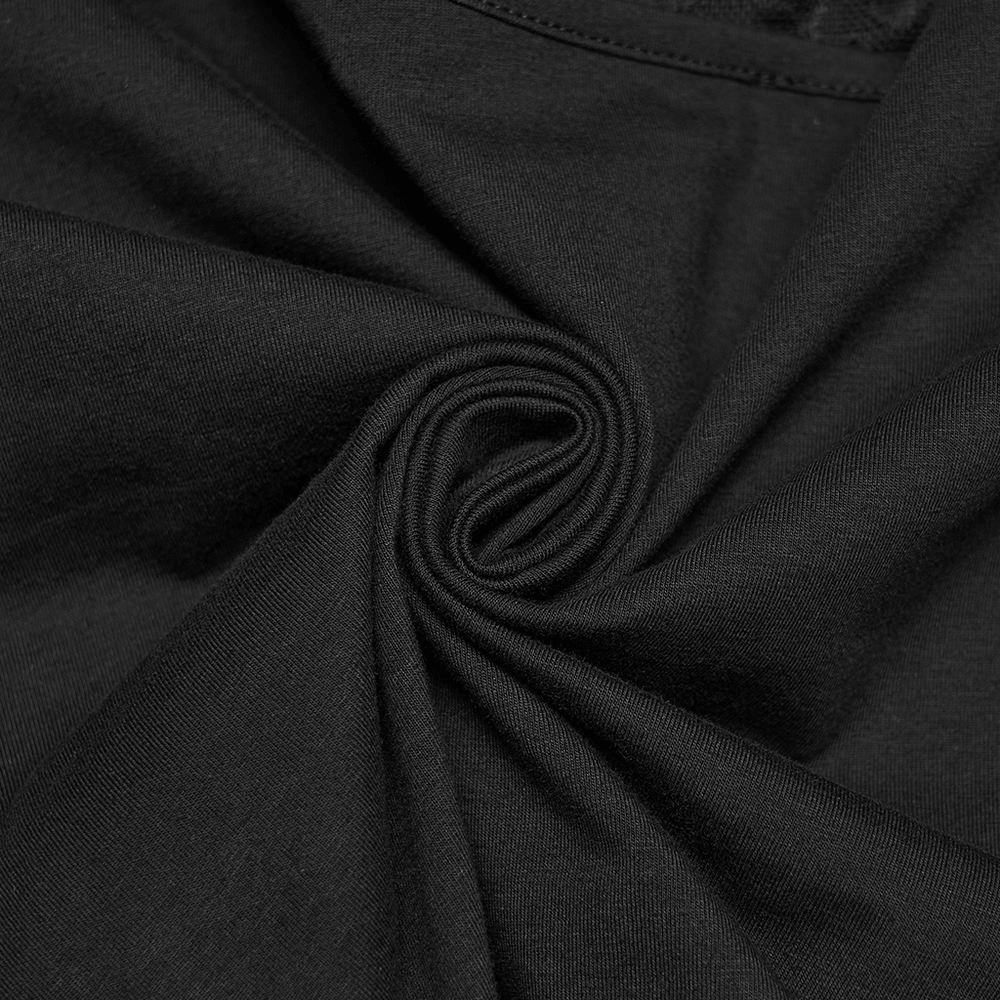 Punk Style Mesh Lace Cutout Short Sleeve T-shirt black fabric detail close-up.