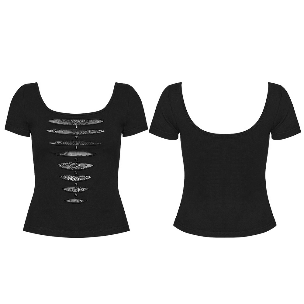 Punk Style Mesh Lace Cutout Short Sleeve T-shirt with tattered holes and lace design.