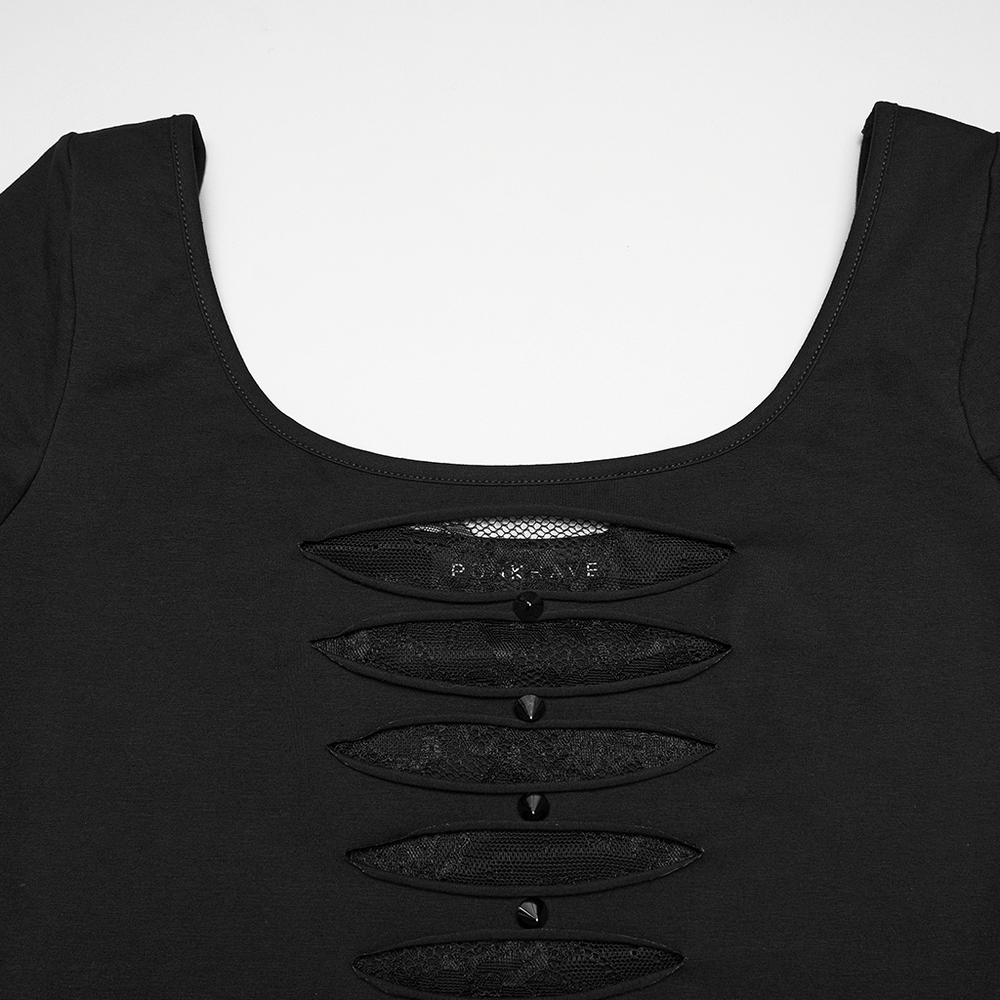 Punk Style Mesh Lace Cutout Short Sleeve T-shirt featuring lace and stud details for an edgy look.