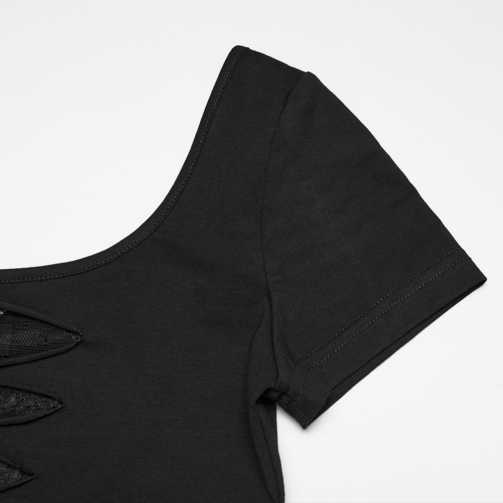 Punk Style Mesh Lace Cutout Short Sleeve T-shirt showcasing mesh details and a stylish cutout design.