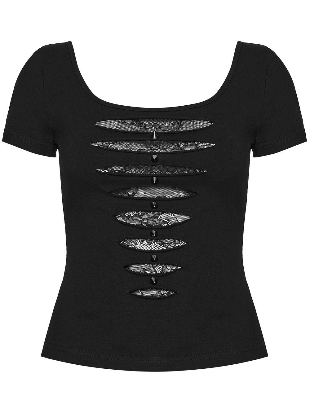 Punk Style Mesh Lace Cutout Short Sleeve T-shirt featuring lace detailing and tattered holes for an edgy look.