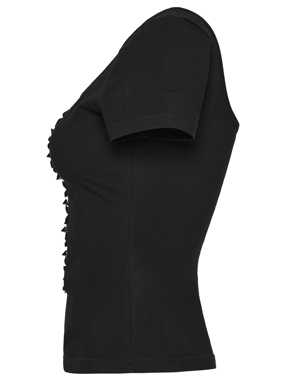 Punk Style Mesh Lace Cutout Short Sleeve T-shirt side view showcasing its edgy design and tattered details.