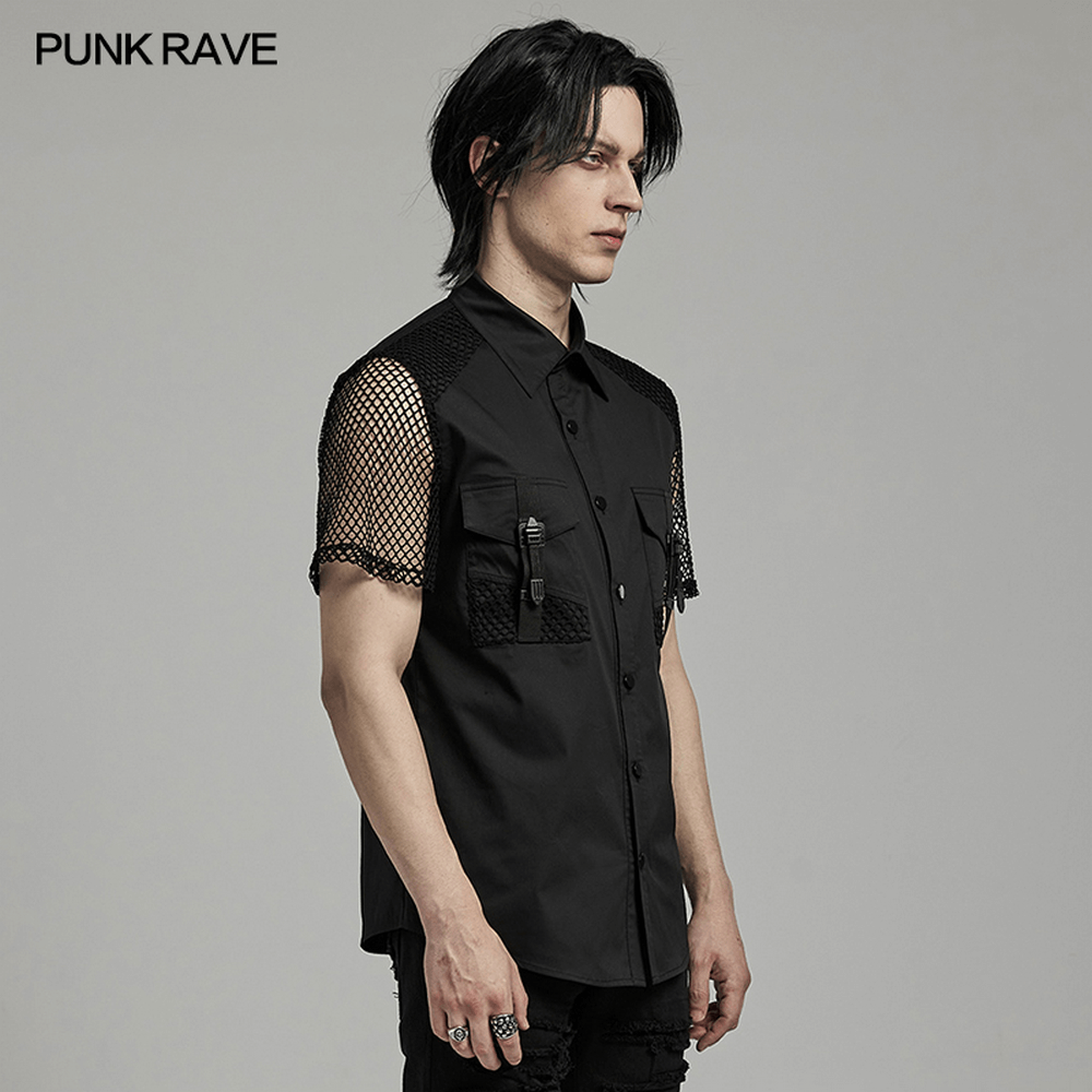 Punk Style Mesh Panel Tactical Black Shirt for Men