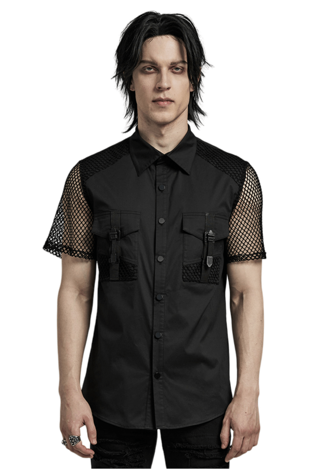 Camisa negra táctica con panel de malla estilo punk para hombre