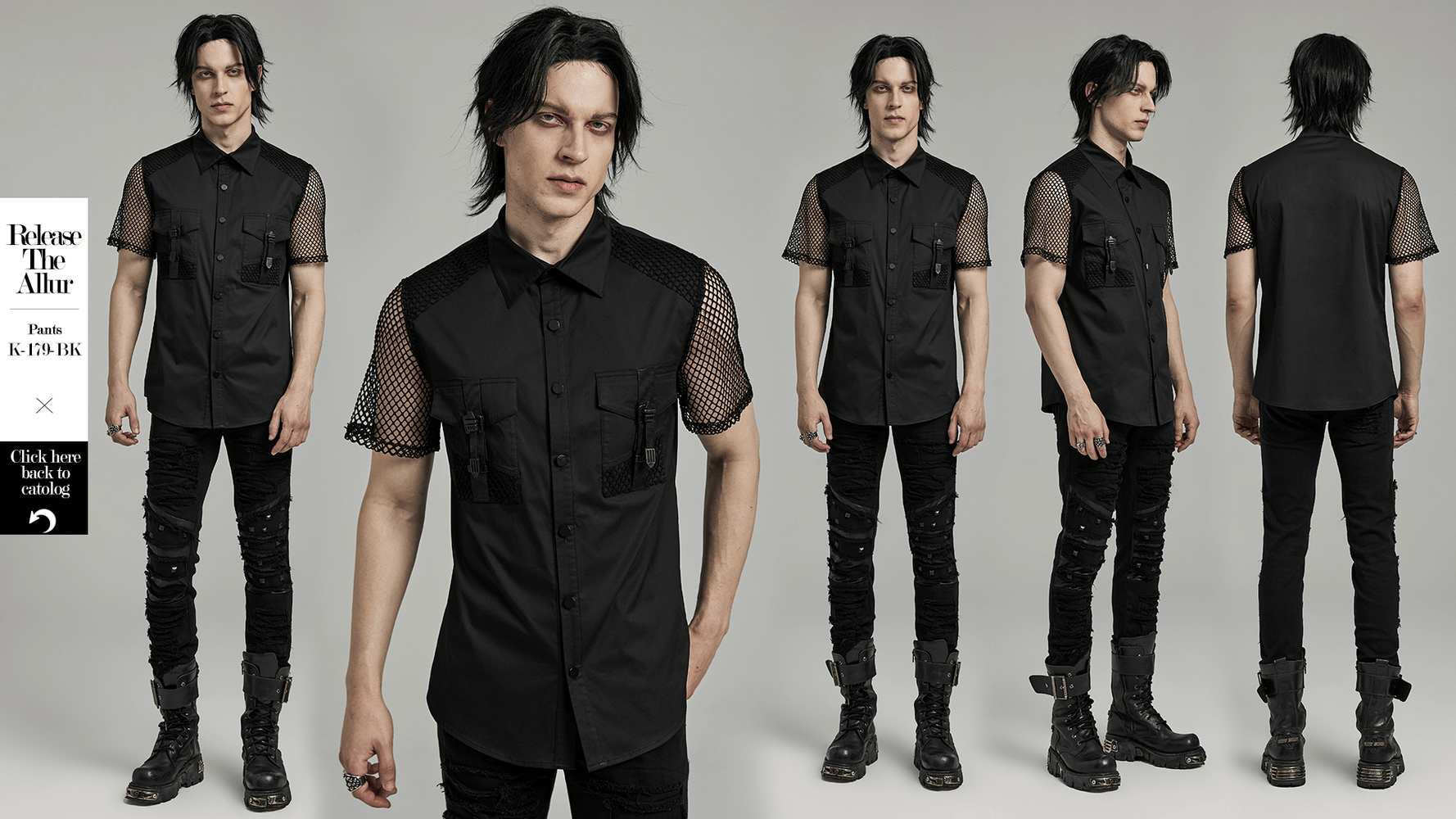 Camisa negra táctica con panel de malla estilo punk para hombre