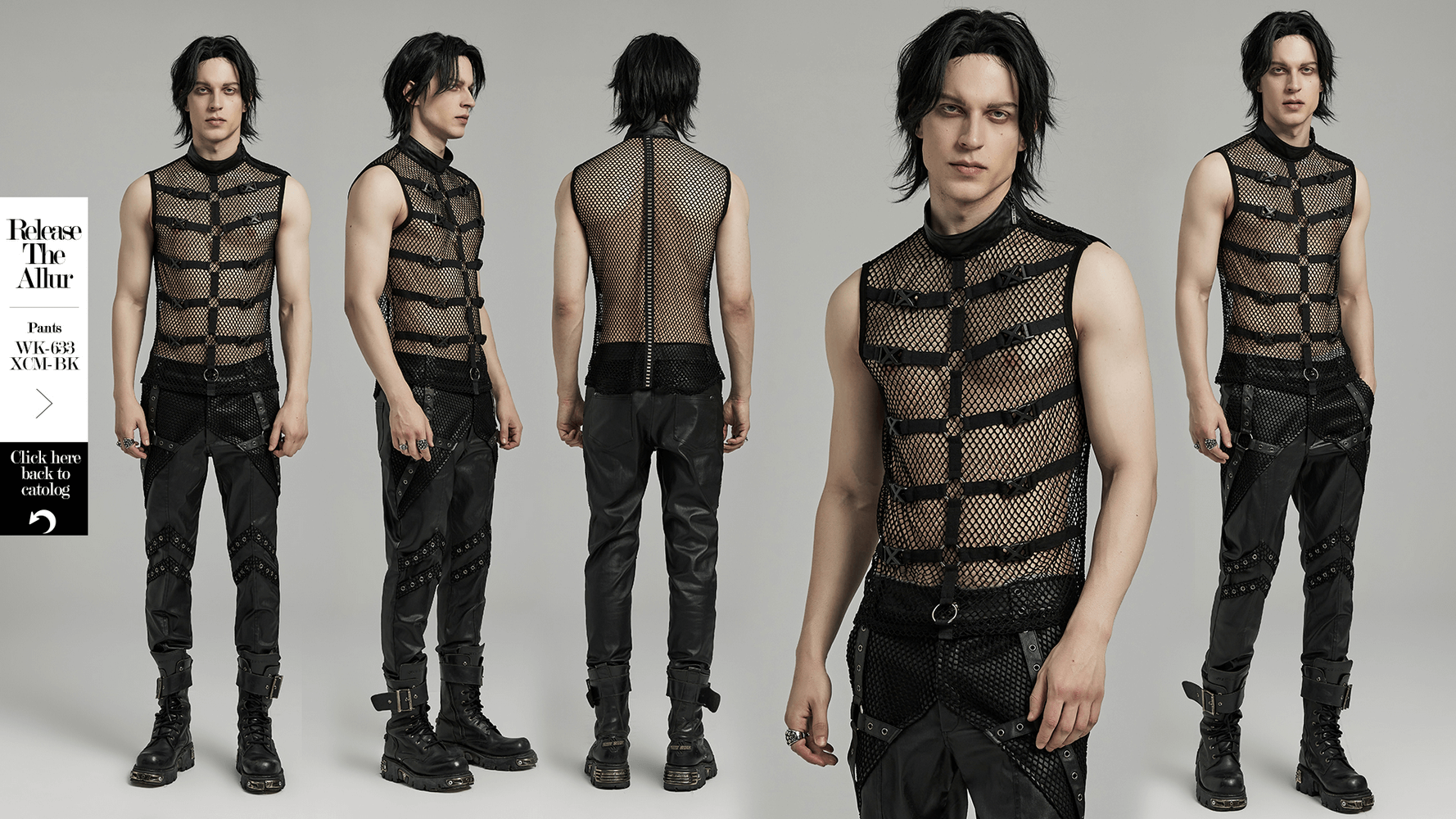 Punk style mesh vest with rubber buckles and iron rings on model, showcasing unique shoulder zippers and bold fashion.