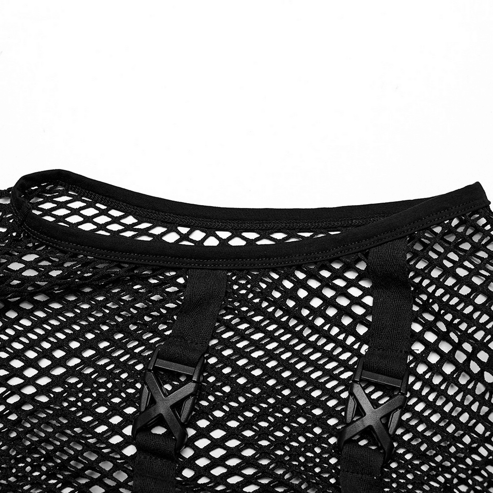 Close-up of punk style mesh vest showing unique rubber buckles and durable mesh fabric.