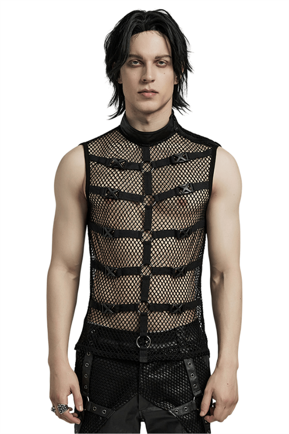 Punk style mesh vest with rubber buckles, iron rings, and shoulder zippers for a bold, edgy look.