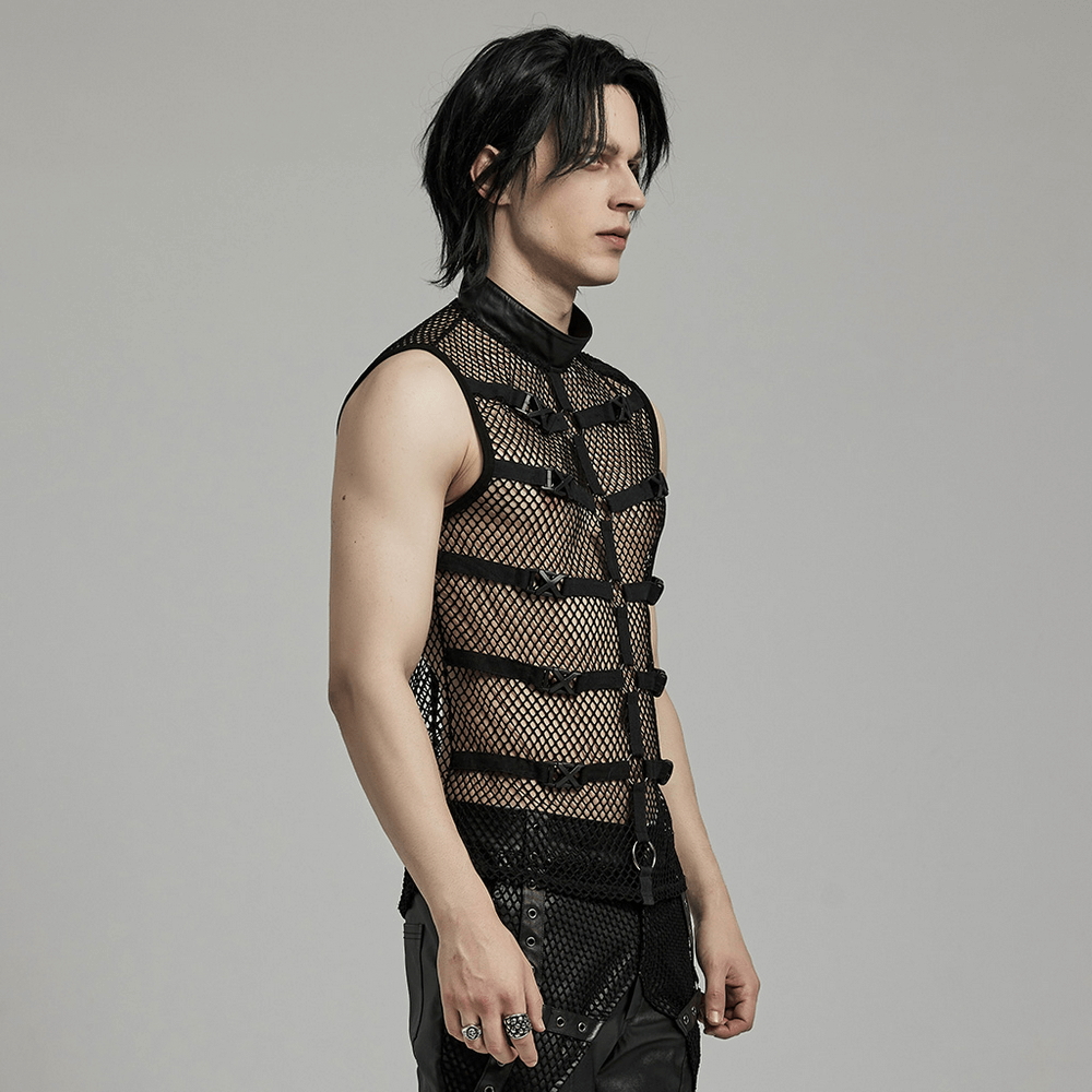 Punk style mesh vest for men featuring rubber buckles and iron rings, perfect for gothic fashion statements.