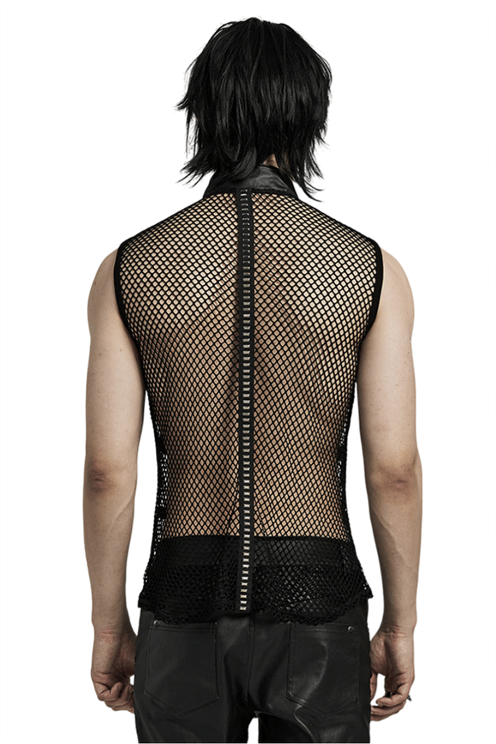 Back view of a punk style mesh vest showcasing unique design and shoulder zippers for men, ideal for gothic fashion.