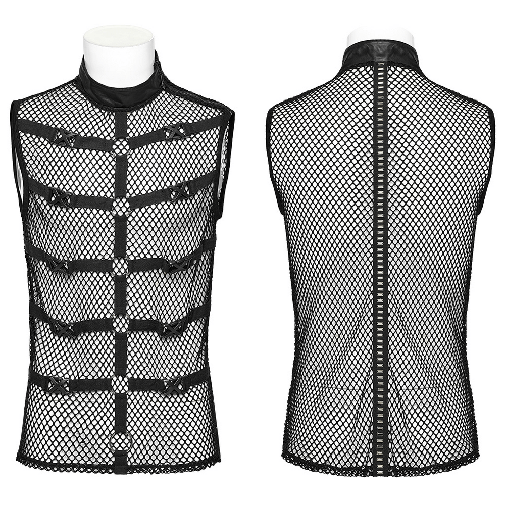 Punk style mesh vest featuring rubber buckles and iron rings, perfect for gothic fashion enthusiasts.