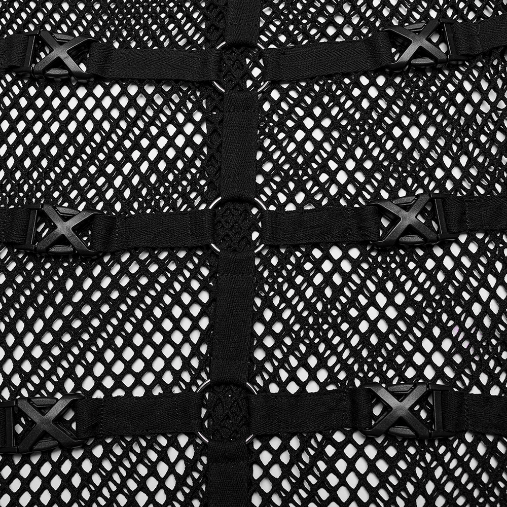 Close-up of punk style mesh vest showing black rubber buckles and intricate mesh design for men.