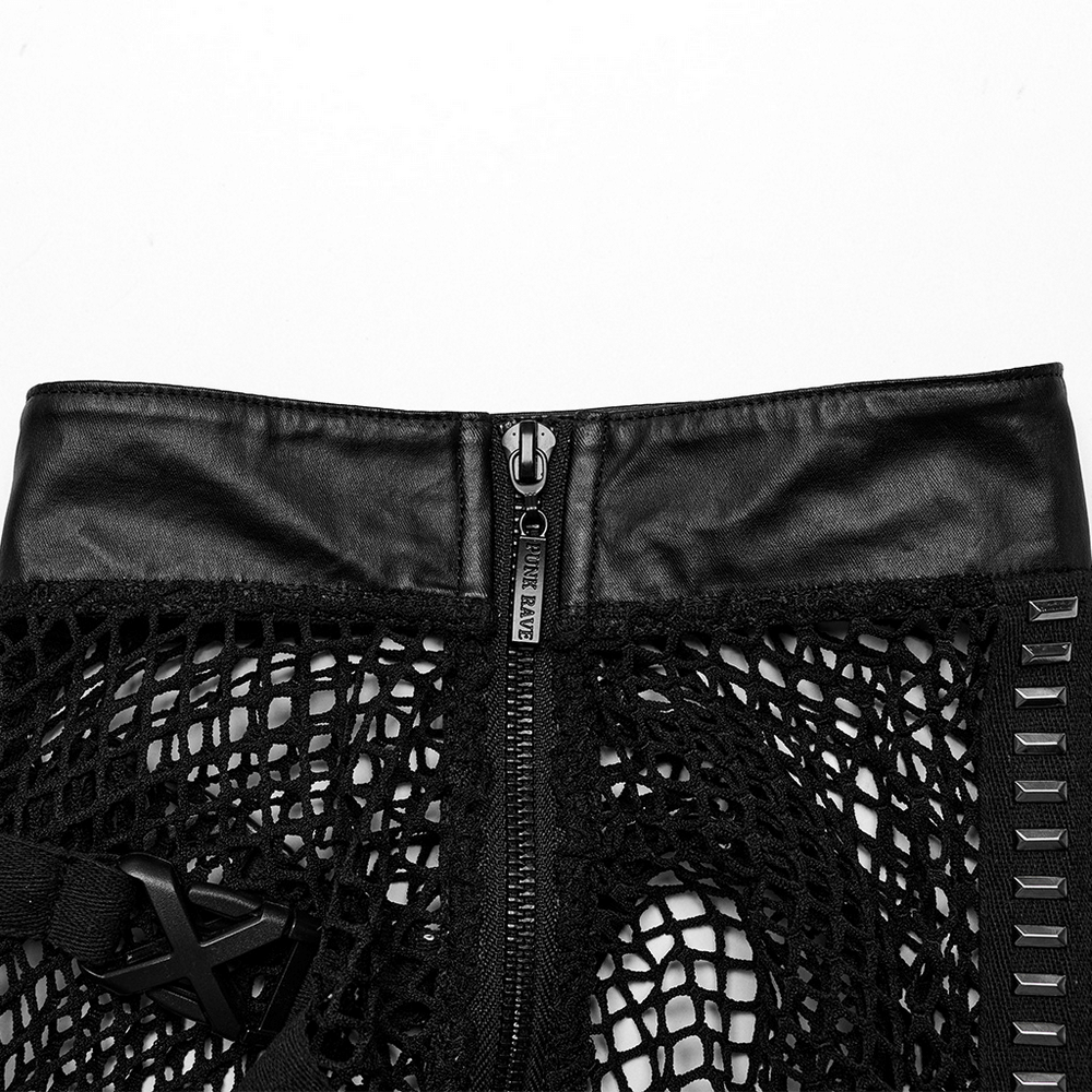 Close-up of punk mesh vest with black leather upper, featuring shoulder zippers and unique woven design for bold style.