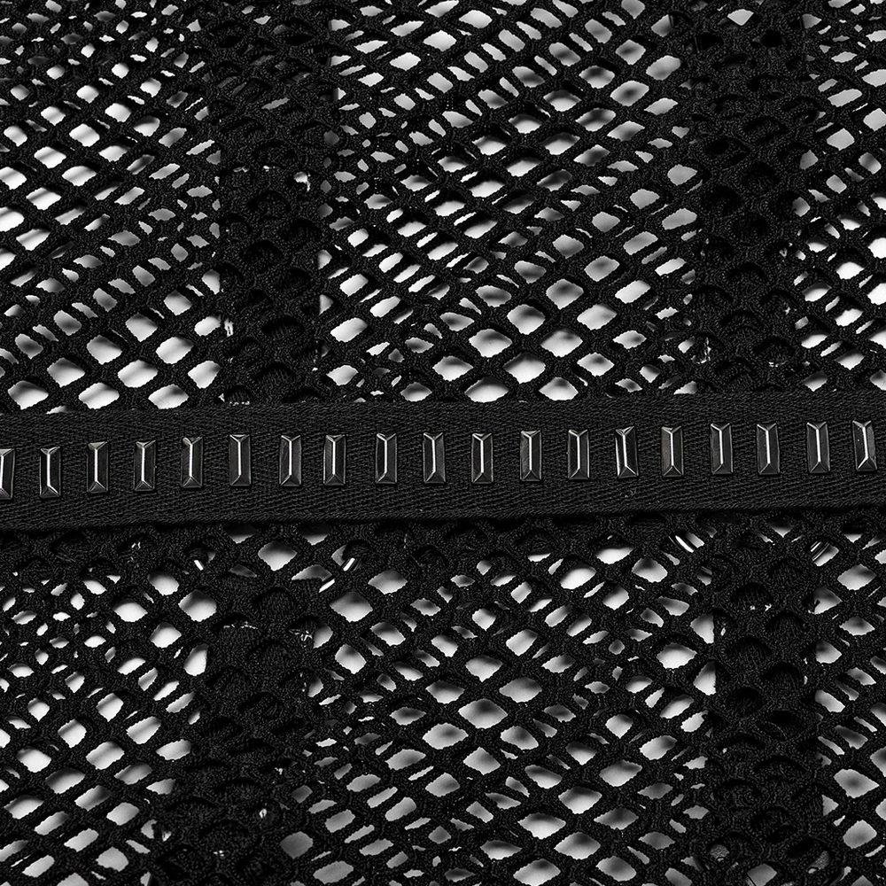 Close-up of punk style mesh vest showing detailed black mesh pattern and rubber buckles with iron rings.
