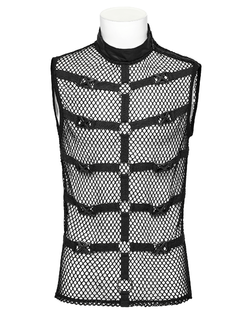 Punk style mesh vest with rubber buckles and iron rings, featuring unique shoulder zippers for a bold, edgy look.